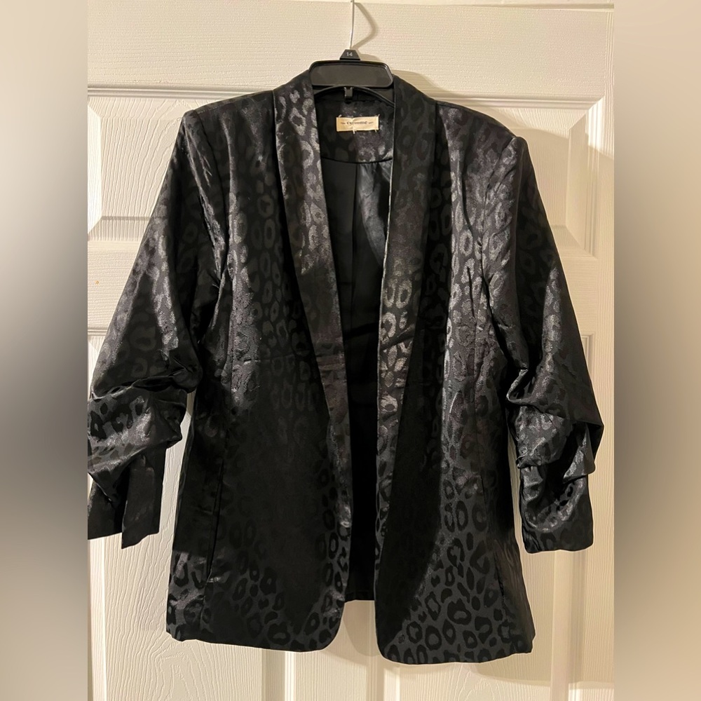 Black, satin leopard blazer